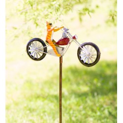 Metal Cat on Motorcycle With Spinning Wheels Wind Spinner