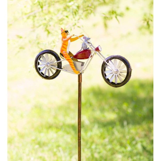 Metal Cat on Motorcycle With Spinning Wheels Wind Spinner