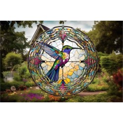 Stained Glass Hummingbird Wind Spinner- 10 Inch Double Sided Metal Wind Spinner