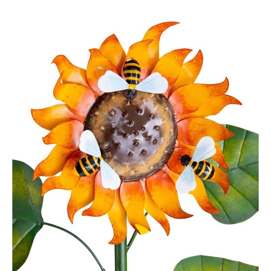 Handcrafted Metal Sunflower Garden Stake with Three Busy Bees