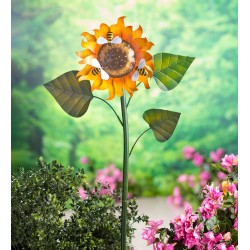 Handcrafted Metal Sunflower Garden Stake with Three Busy Bees