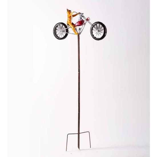 Metal Cat on Motorcycle With Spinning Wheels Wind Spinner