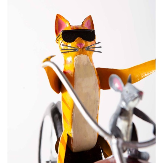 Metal Cat on Motorcycle With Spinning Wheels Wind Spinner