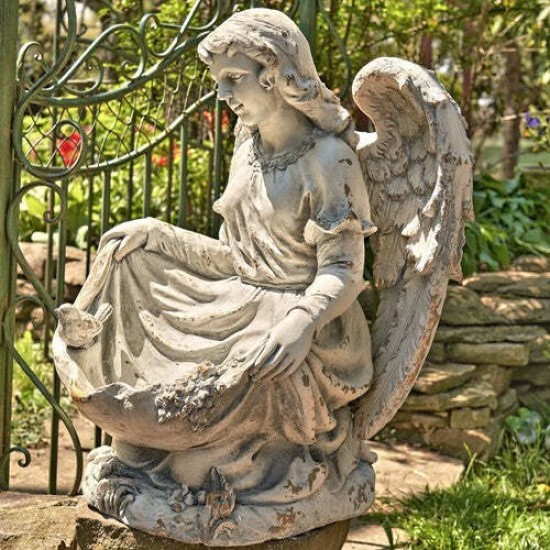 24” Cassiel Angel Statue with Birdbath/Feeder