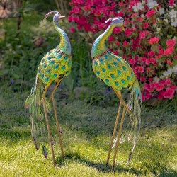 40" Vibrant Colorful Iron Peacock Statues