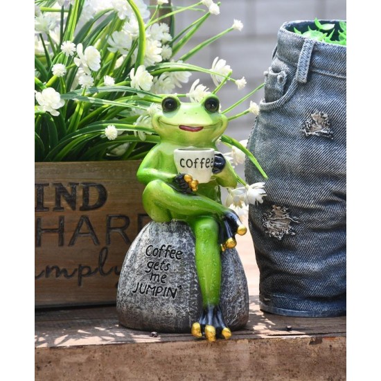 Frog Drinking Coffee Statue for Garden, Animal Statue for Garden Courtyard Ornament, Villa Outdoor Decor Gardening Ideas