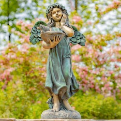 39" Hand-Painted Magnesium Angel Statue – Jazmin with Birdbath