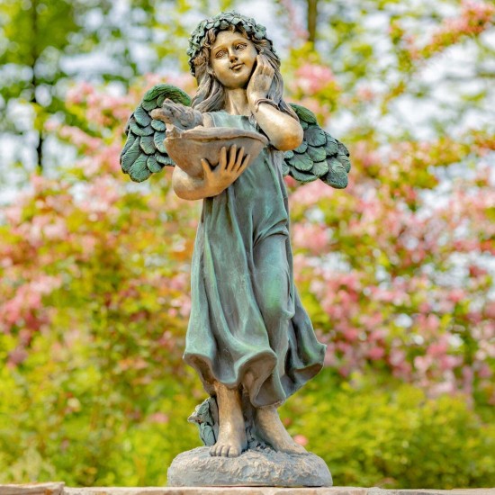 39" Hand-Painted Magnesium Angel Statue – Jazmin with Birdbath