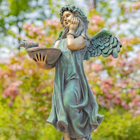 39" Hand-Painted Magnesium Angel Statue – Jazmin with Birdbath