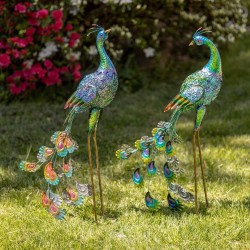 40" Vibrant Colorful Iron Peacock Statues with Acrylic Gems