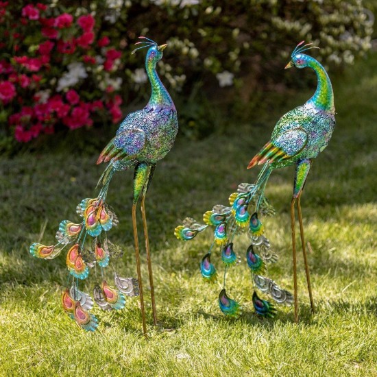 40" Vibrant Colorful Iron Peacock Statues with Acrylic Gems