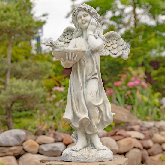 39" Hand-Painted Magnesium Angel Statue – Jazmin with Birdbath