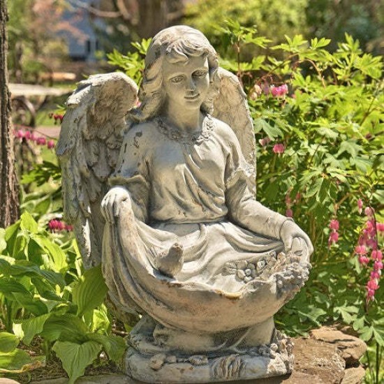24” Cassiel Angel Statue with Birdbath/Feeder