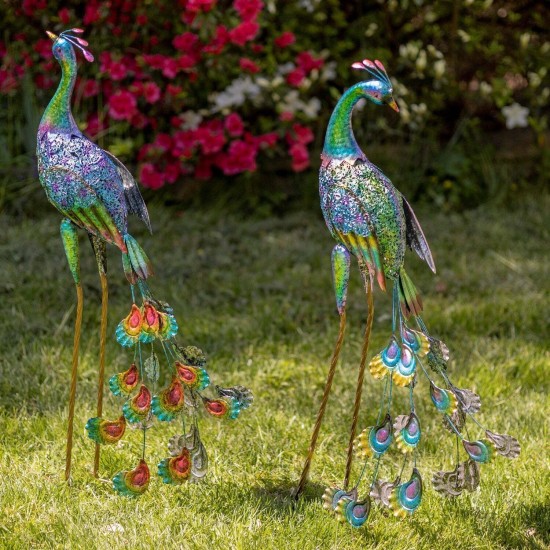 40" Vibrant Colorful Iron Peacock Statues with Acrylic Gems