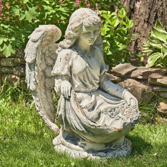 24” Cassiel Angel Statue with Birdbath/Feeder