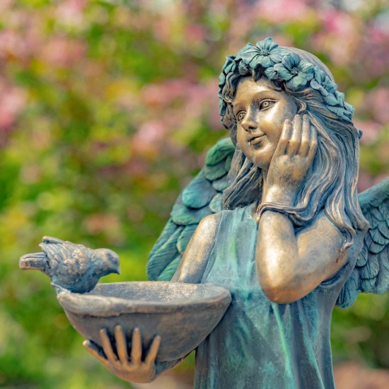 39" Hand-Painted Magnesium Angel Statue – Jazmin with Birdbath