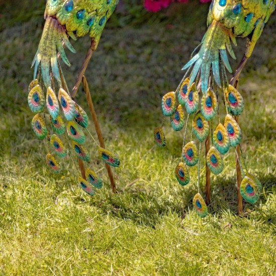 40" Vibrant Colorful Iron Peacock Statues