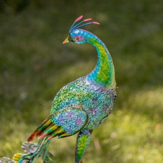 40" Vibrant Colorful Iron Peacock Statues with Acrylic Gems