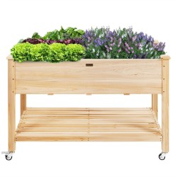 Wood Raised Garden Bed Elevated Planter Bed with Wheels Storage Shelf & Liner