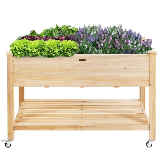 Wood Raised Garden Bed Elevated Planter Bed with Wheels Storage Shelf & Liner