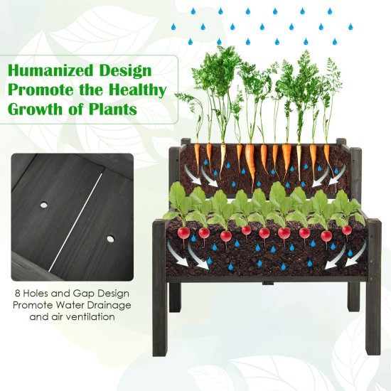 2 Tier Wooden Raised Garden Bed Elevated Planter Box w/ Legs Drain Holes