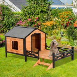 【Home&Garden】67" Large Wooden Cabin Style Elevated Outdoor Dog House with Porch