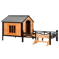 【Home&Garden】67" Large Wooden Cabin Style Elevated Outdoor Dog House with Porch