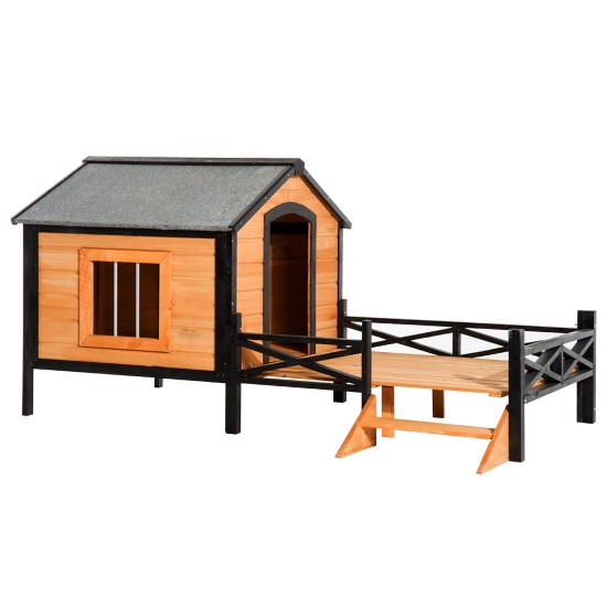 【Home&Garden】67" Large Wooden Cabin Style Elevated Outdoor Dog House with Porch