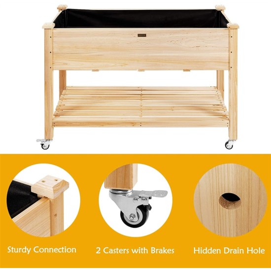 Wood Raised Garden Bed Elevated Planter Bed with Wheels Storage Shelf & Liner