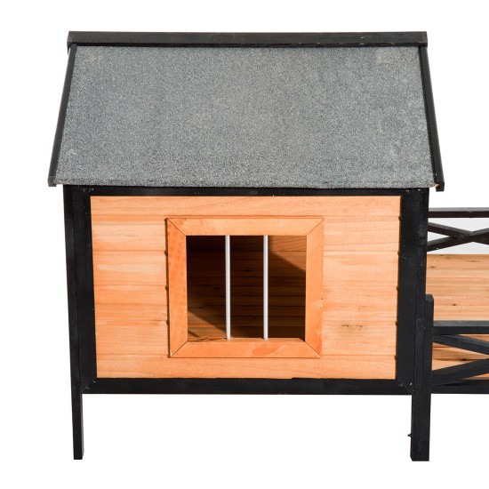 【Home&Garden】67" Large Wooden Cabin Style Elevated Outdoor Dog House with Porch