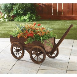 Wood Wagon Flower Planter Pot Stand with Wheels for Garden Outdoor Decor