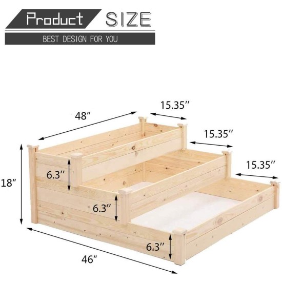 3-Tier 4x4ft Wooden Raised Garden Bed Planter Box Kit for Outdoor Gardening, 48